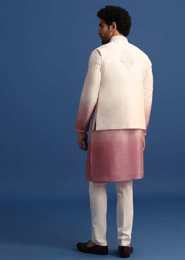 Off White And Pink Ombre Kurta Set With Mirror Work Jacket