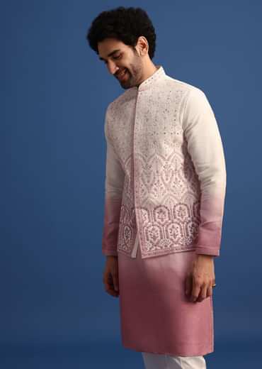Off White And Pink Ombre Kurta Set With Mirror Work Jacket