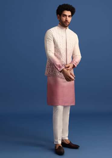 Off White And Pink Ombre Kurta Set With Mirror Work Jacket