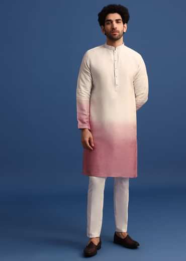 Off White And Pink Ombre Kurta Set With Mirror Work Jacket