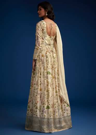 Off White Chinon Anarkali With Dupatta