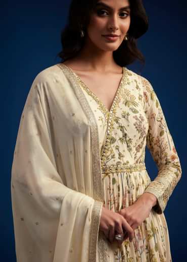 Off White Chinon Anarkali With Dupatta