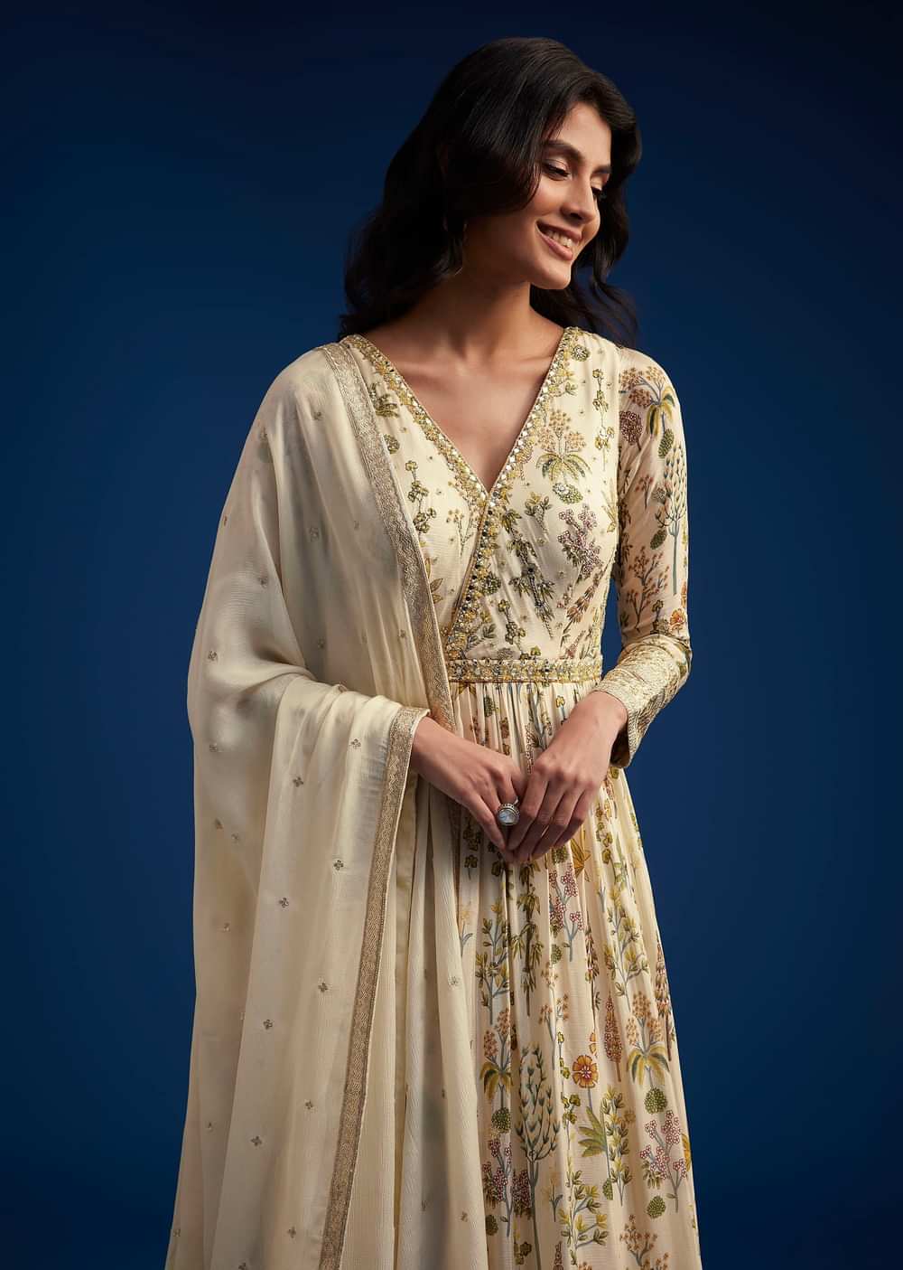 Off White Chinon Anarkali With Dupatta