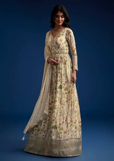Off White Chinon Anarkali With Dupatta