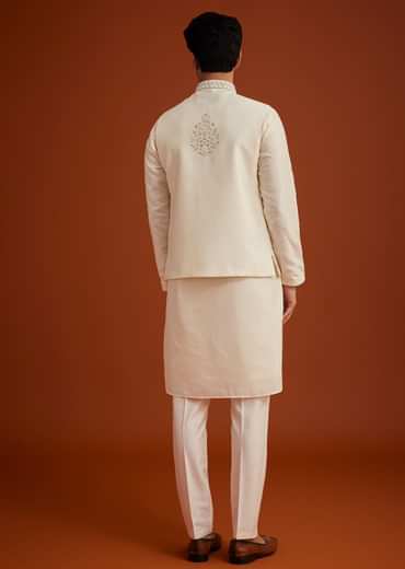 Off White Cotton Silk Jacket Set With Floral Zari Work