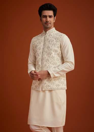 Off White Cotton Silk Jacket Set With Floral Zari Work