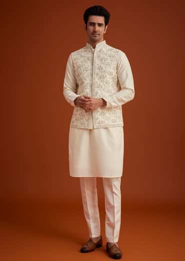 Off White Cotton Silk Jacket Set With Floral Zari Work