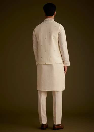 Off White Cotton Silk Jacket Set With Multicolored Floral Embroidery