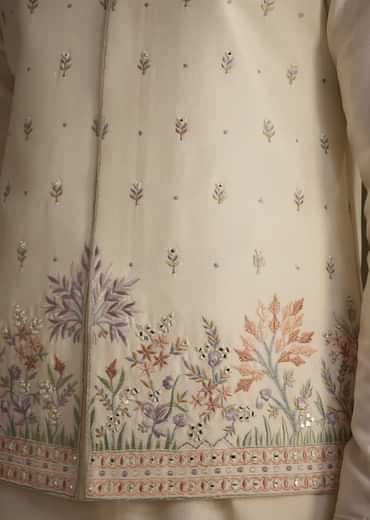 Off White Cotton Silk Jacket Set With Multicolored Floral Embroidery