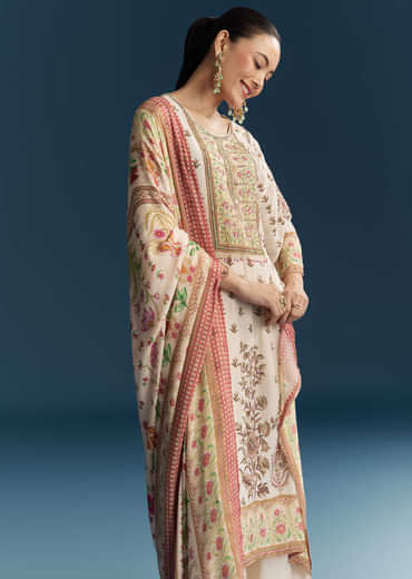 Off White Crepe Printed Kurta Set