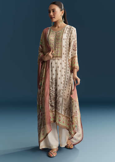 Off White Crepe Printed Kurta Set