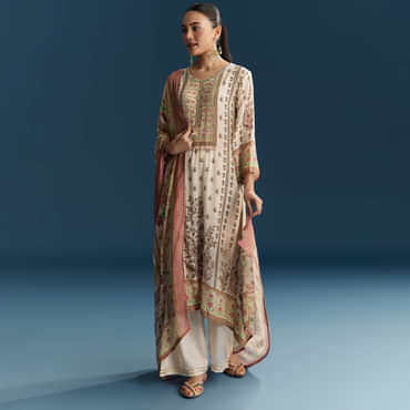 Off White Crepe Printed Kurta Set