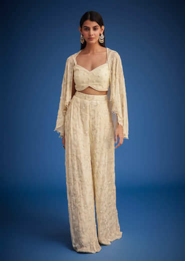 Off White Embroidered Cape Palazzo Set