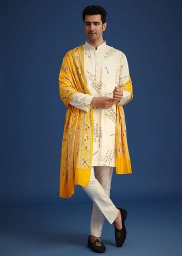 Off White Embroidered Kurta Set With Bandhani Dupatta