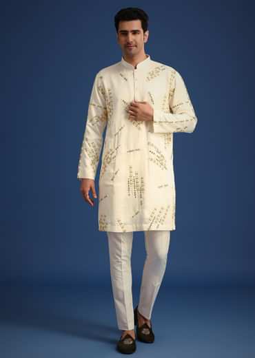 Off White Embroidered Kurta Set With Bandhani Dupatta