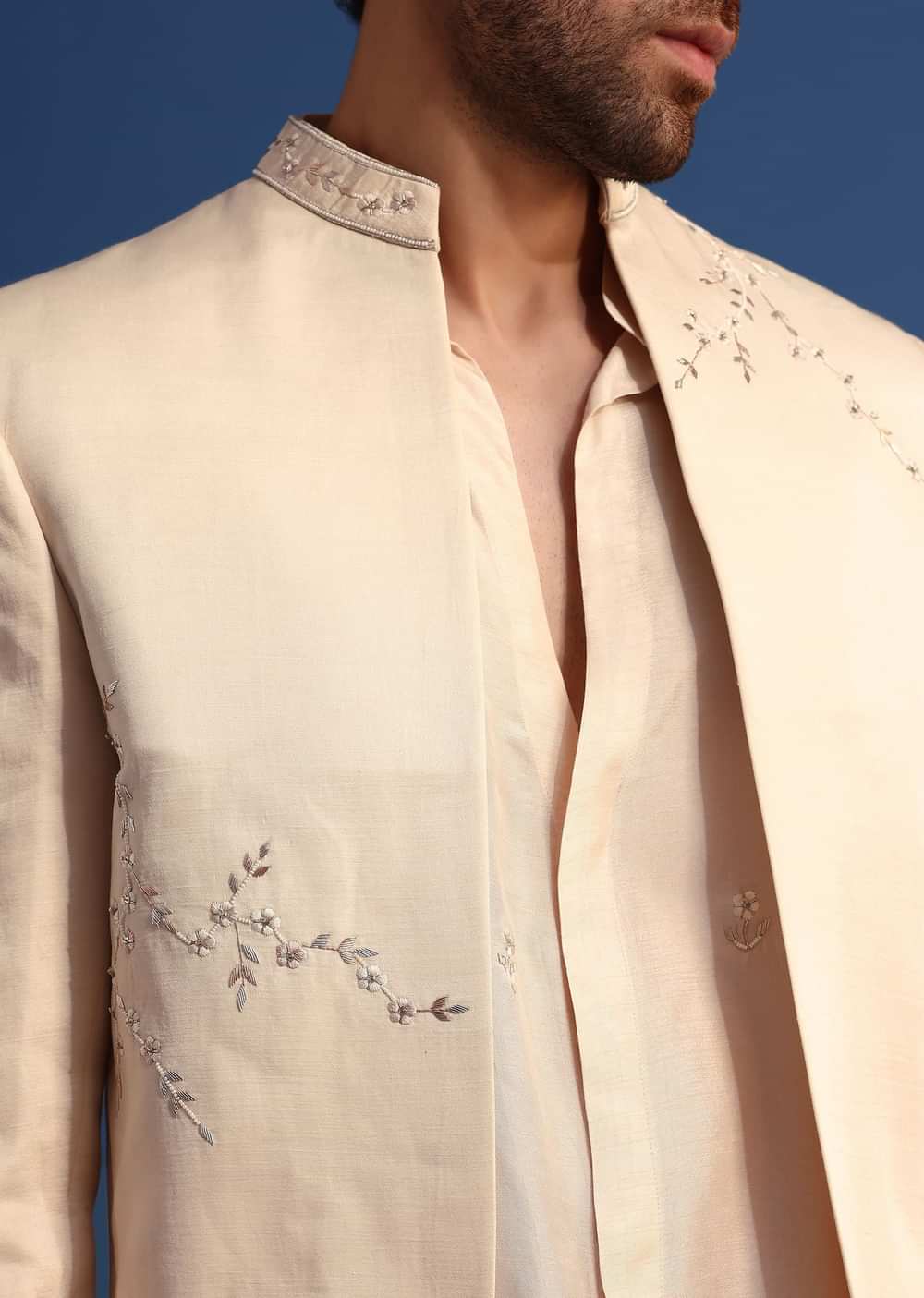Off White Embroidered Linen Jodhpuri Suit