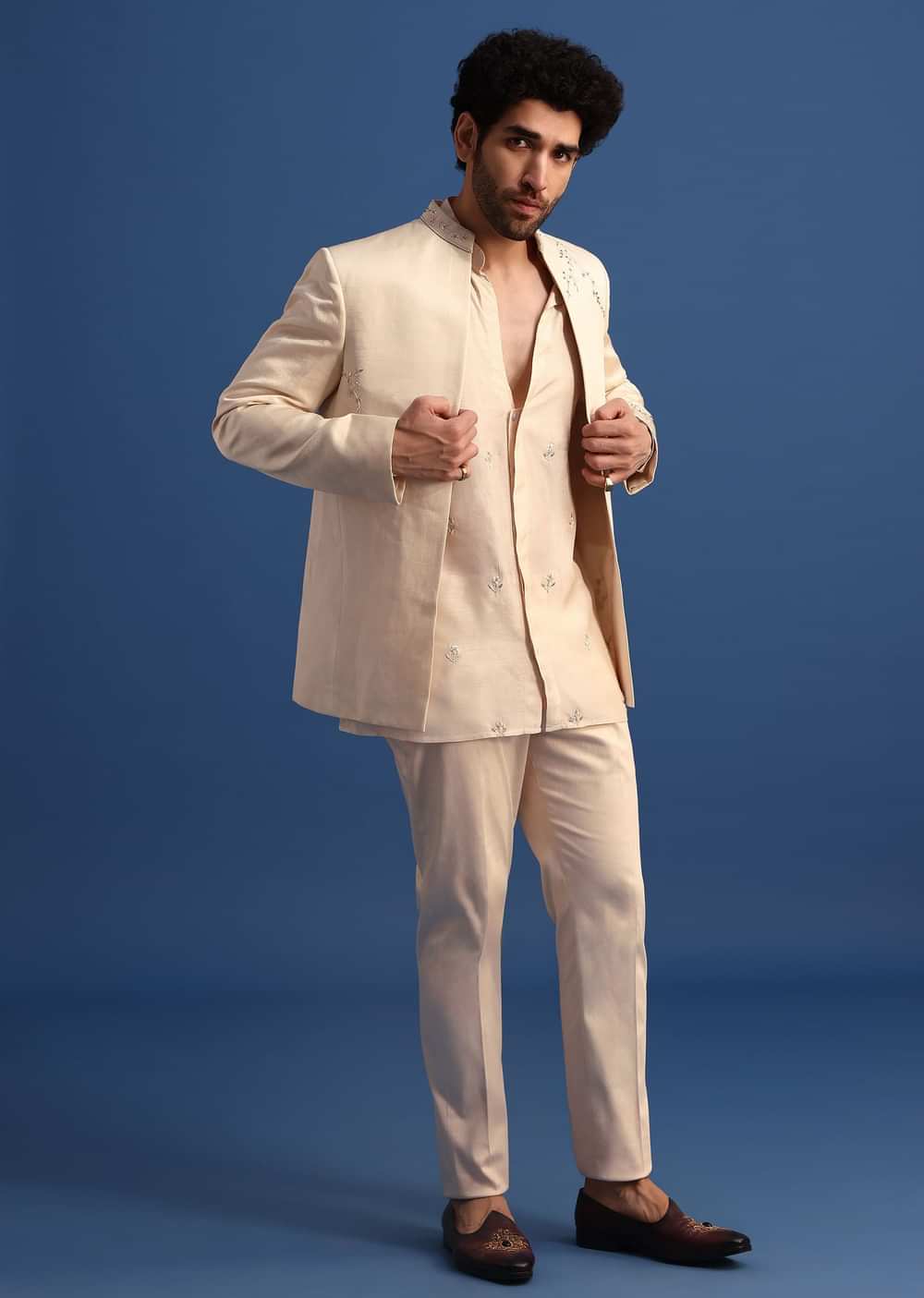 Off White Embroidered Linen Jodhpuri Suit