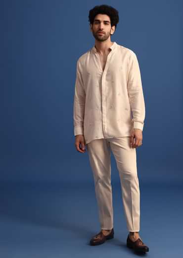 Off White Embroidered Linen Jodhpuri Suit