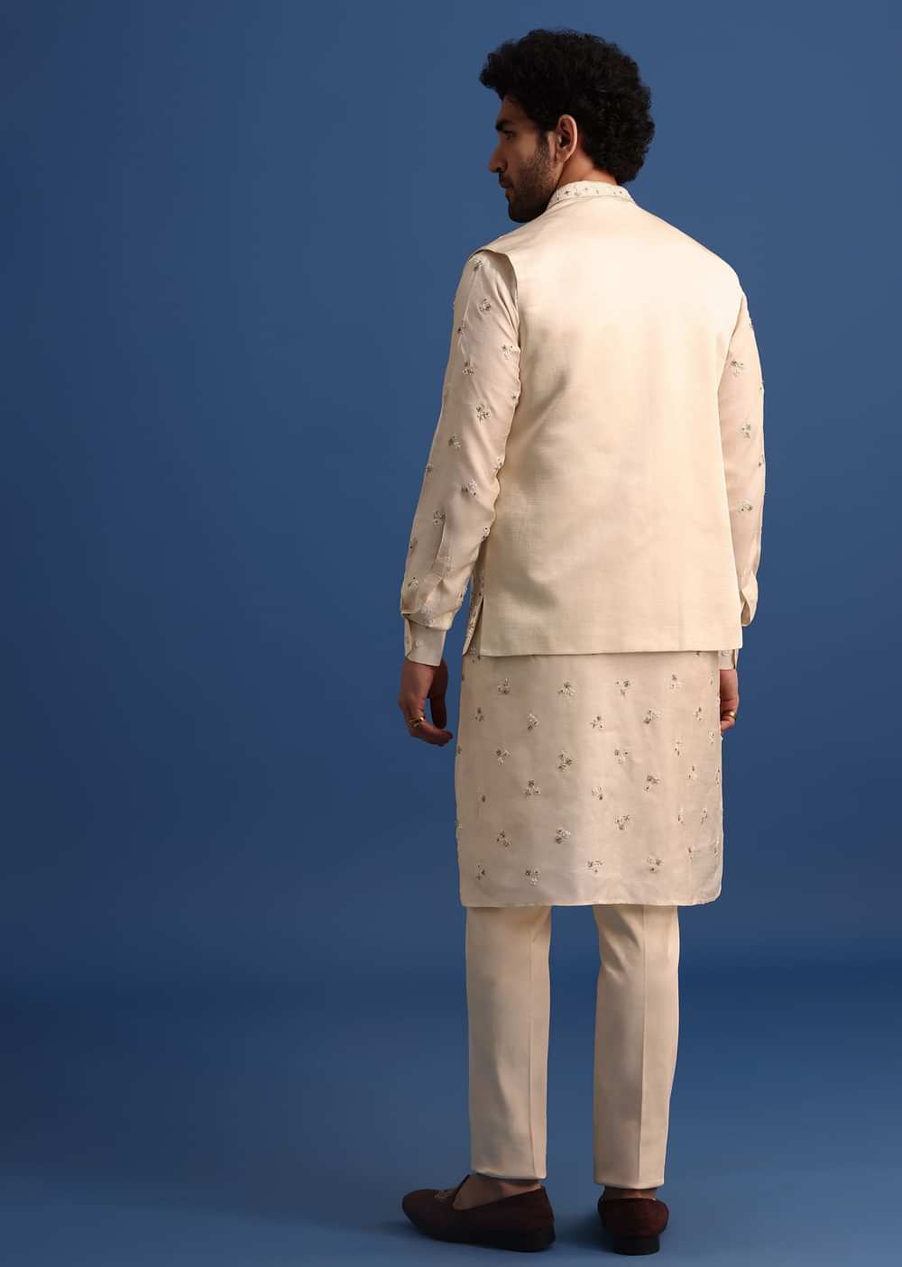 Off White Embroidered Linen Kurta Jacket Set