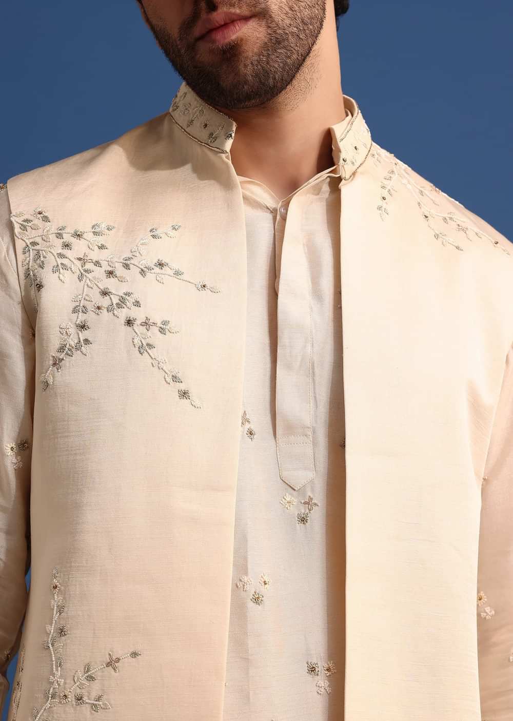 Off White Embroidered Linen Kurta Jacket Set