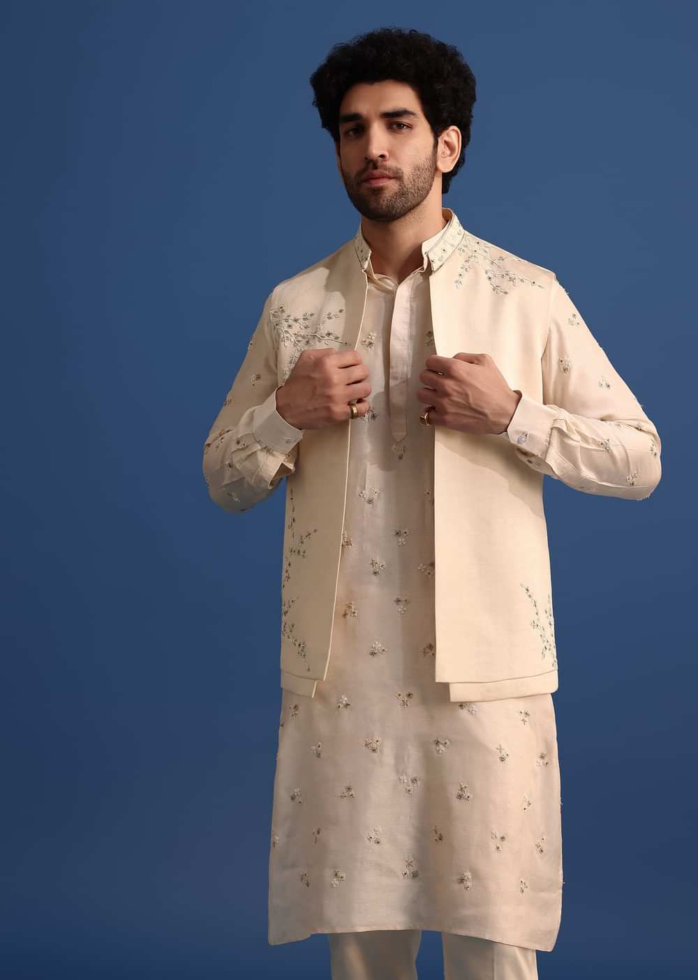 Off White Embroidered Linen Kurta Jacket Set