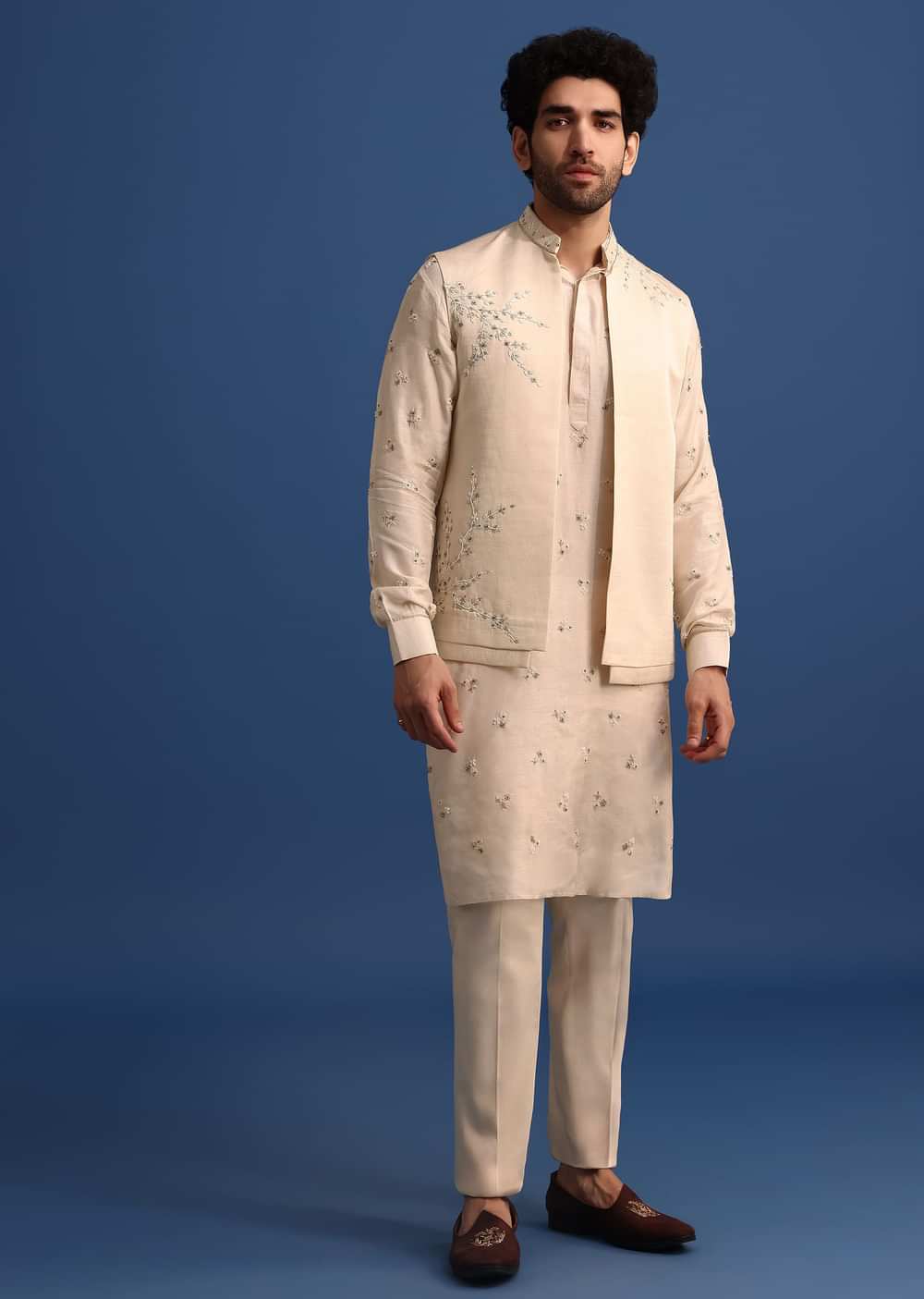 Off White Embroidered Linen Kurta Jacket Set