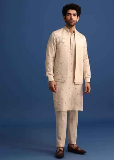 Off White Embroidered Linen Kurta Jacket Set