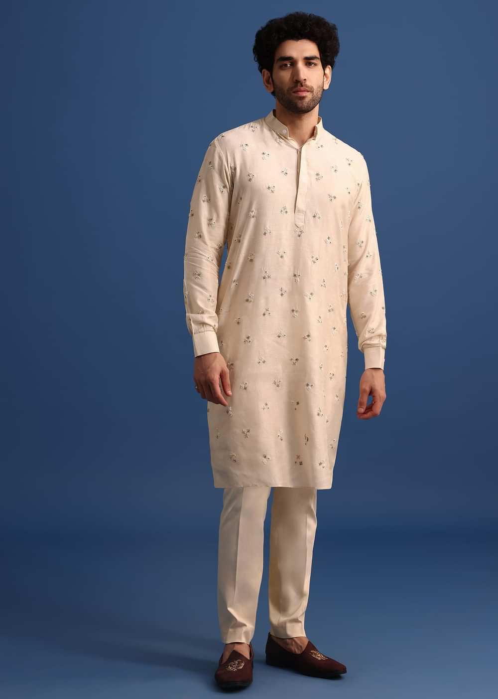 Off White Embroidered Linen Kurta Jacket Set