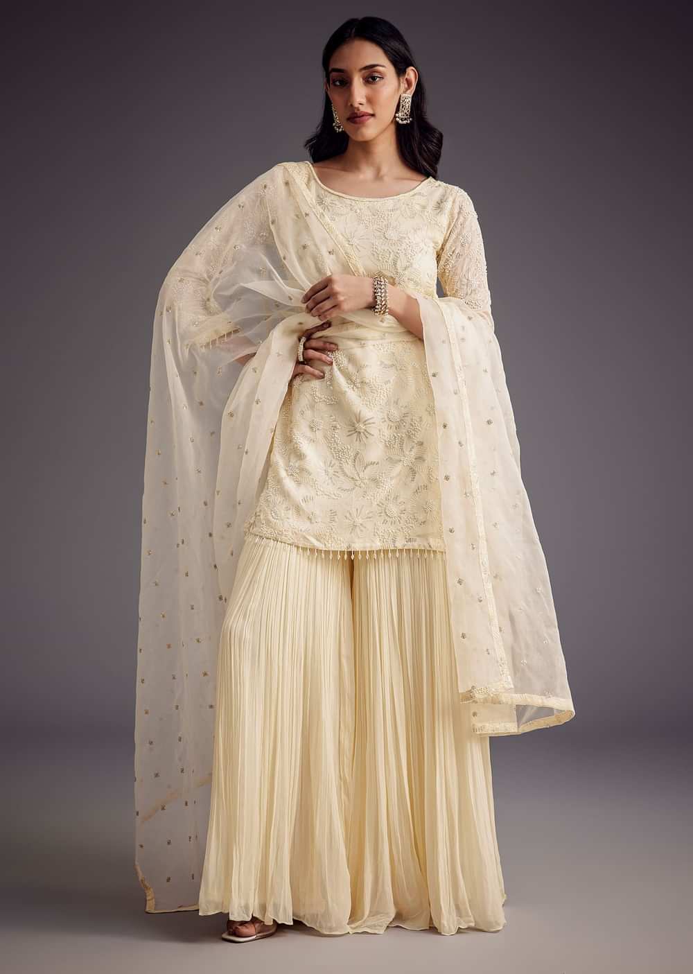 Off White Embroidered Sharara Set With Organza Dupatta