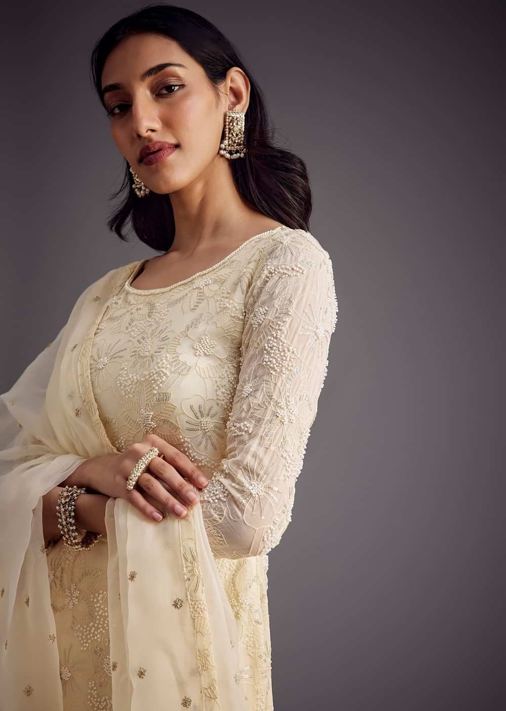 Off White Embroidered Sharara Set With Organza Dupatta