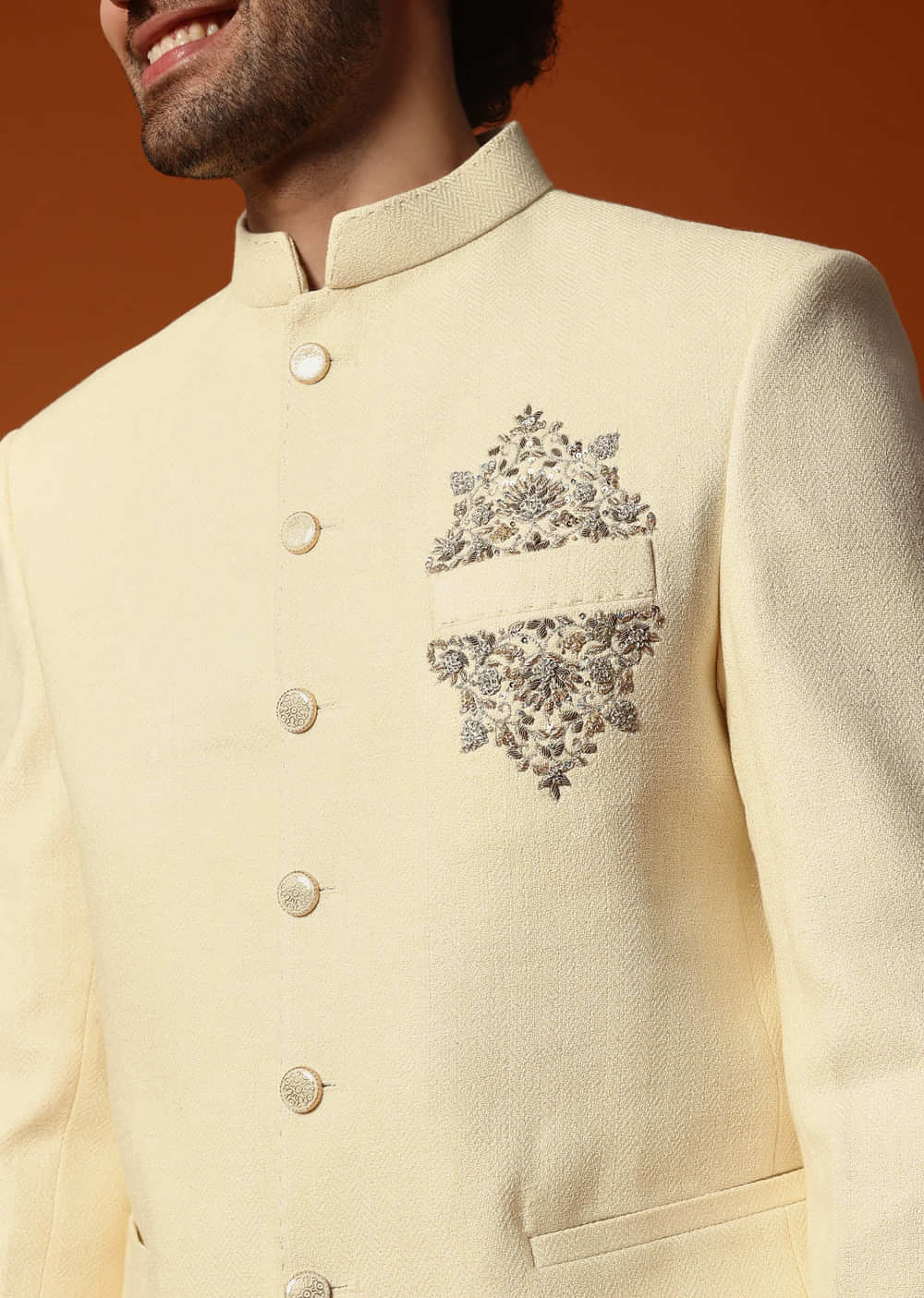 Off White Embroidered Silk Jodhpuri Suit For Men