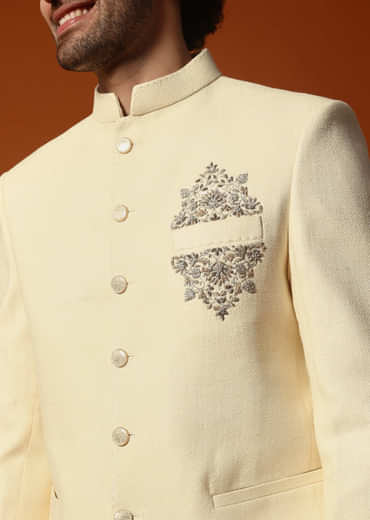 Off White Embroidered Silk Jodhpuri Suit For Men