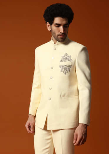 Off White Embroidered Silk Jodhpuri Suit For Men