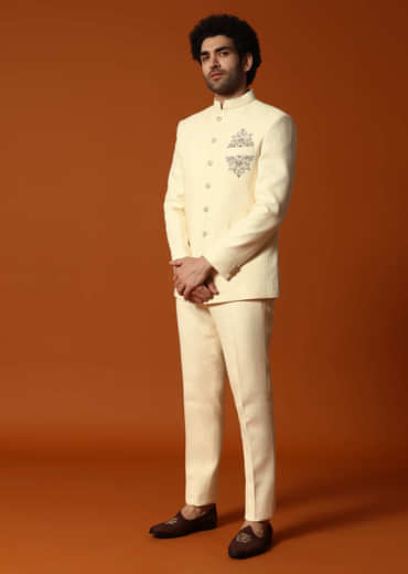 Off White Embroidered Silk Jodhpuri Suit For Men