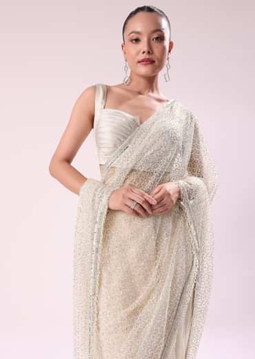 Off White Fancy Sequence Net Saree With Pleated Stitched