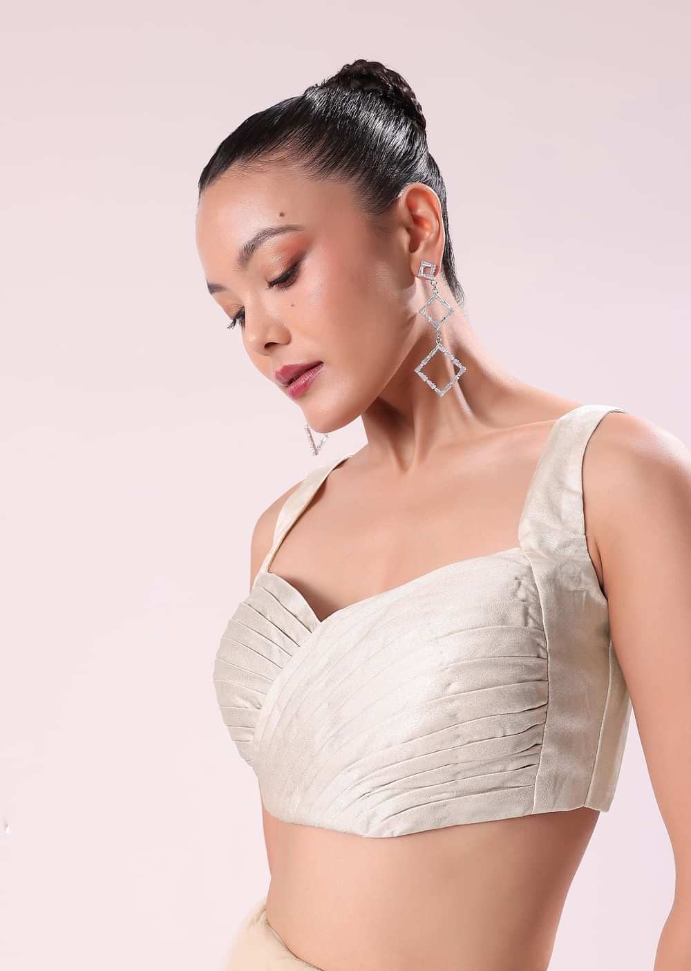 Off White Fancy Sequence Net Saree With Pleated Stitched