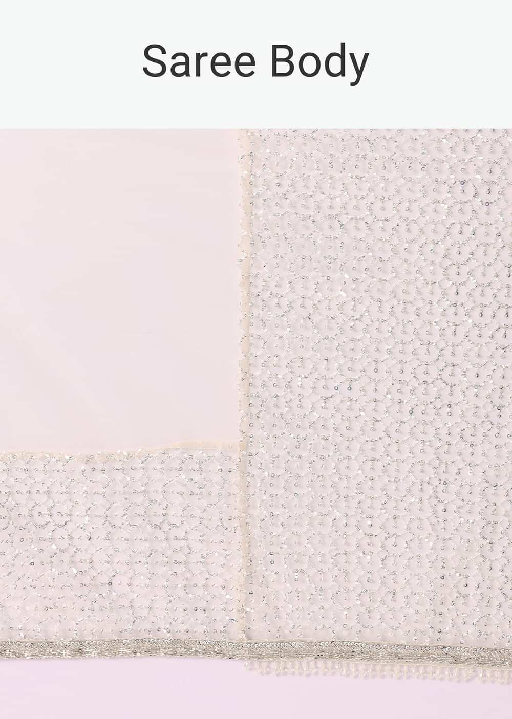 Off White Fancy Sequence Net Saree With Pleated Stitched