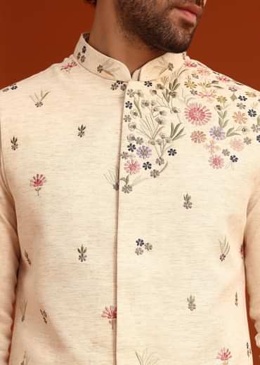 Off White Floral Hand Embroidered Kurta Jacket Set