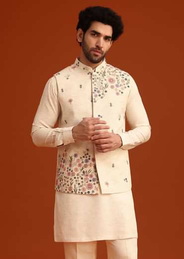 Off White Floral Hand Embroidered Kurta Jacket Set