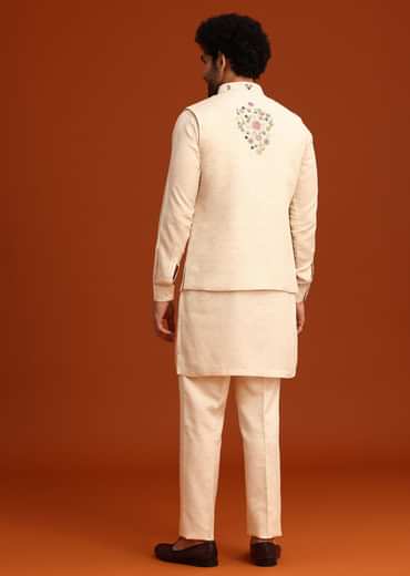 Off White Floral Hand Embroidered Kurta Jacket Set