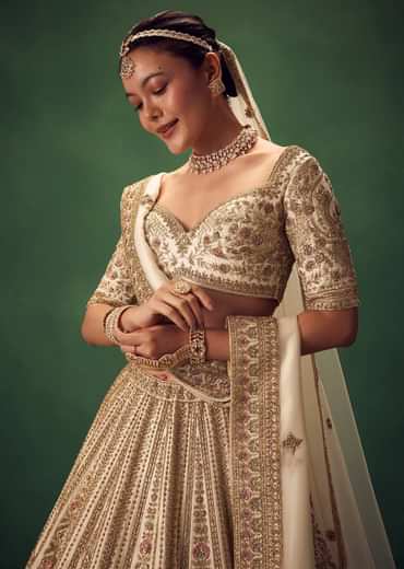 Off White Hand Embroidered Lehenga Set