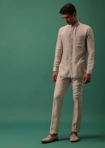 Off White Heavy Hand Embroidered Tuxedo Suit In Dola Silk