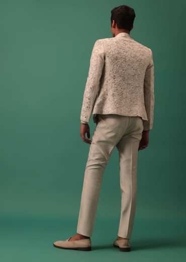 Off White Heavy Hand Embroidered Tuxedo Suit In Dola Silk