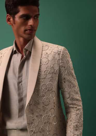 Off White Heavy Hand Embroidered Tuxedo Suit In Dola Silk