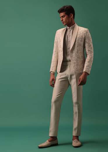 Off White Heavy Hand Embroidered Tuxedo Suit In Dola Silk