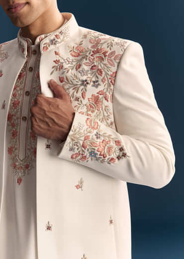 Off White Indo Western Set For Men With Hand Embroidery