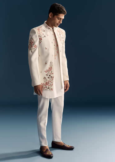 Off White Indo Western Set For Men With Hand Embroidery