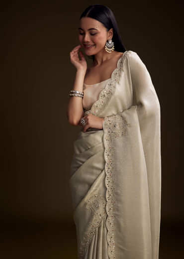 Off White Jacquard Saree With Zardosi And Stone Embroidery