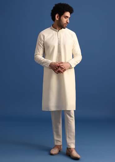 Off White Kurta Jacket Set With Zari Embroidery For Men