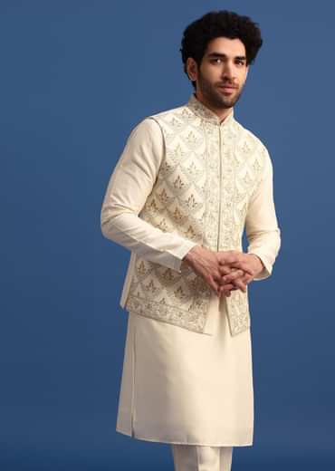 Off White Kurta Jacket Set With Zari Embroidery For Men